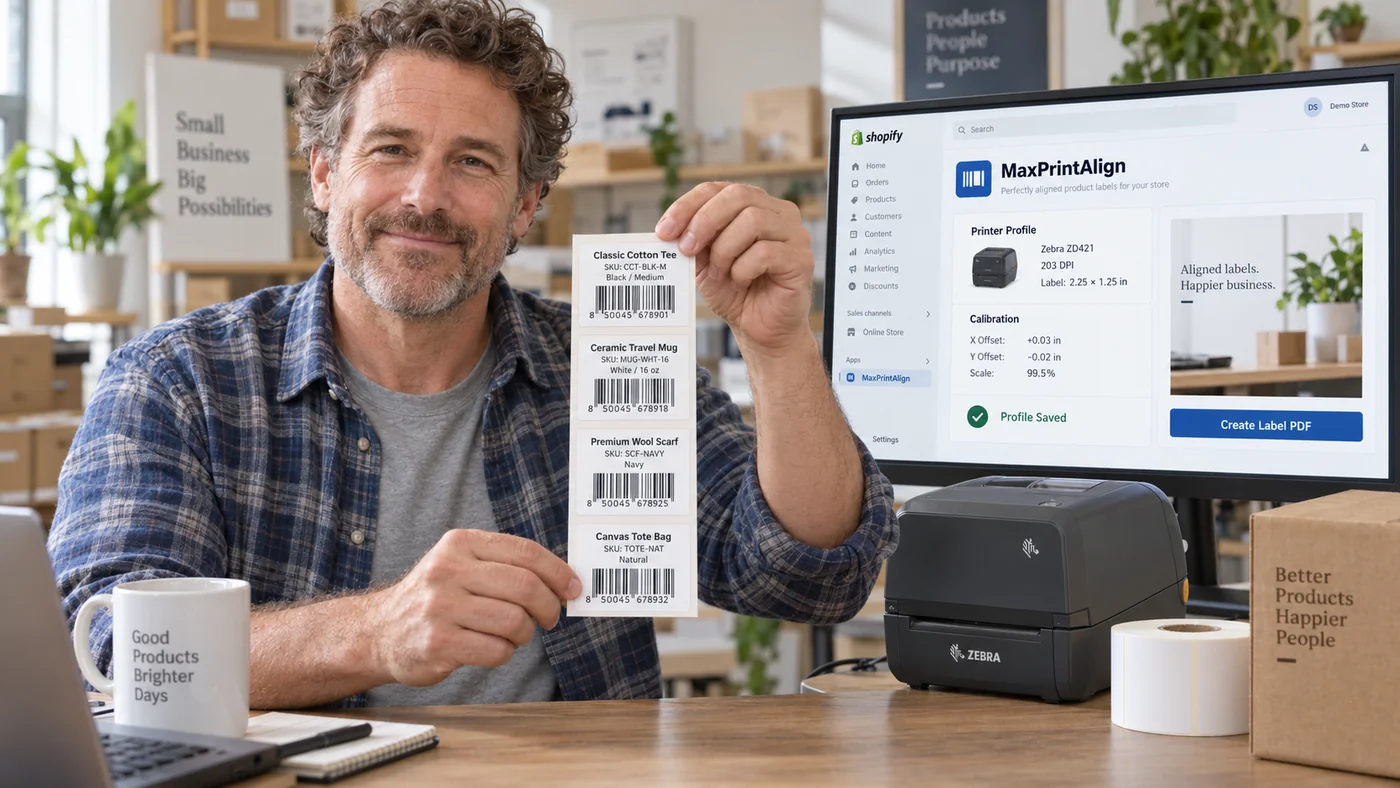 Shopify merchant holding a strip of correctly aligned product barcode labels beside MaxPrintAlign and a thermal printer