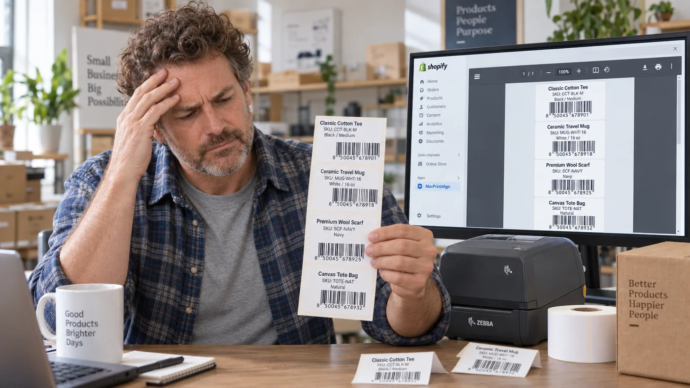 Frustrated merchant comparing a printed product-label strip with an on-screen PDF preview