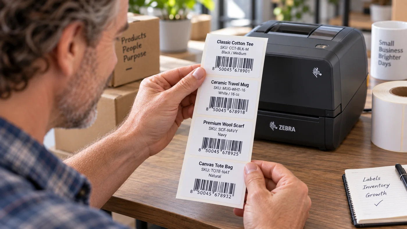 Close-up of four correctly aligned retail product barcode labels beside a thermal printer