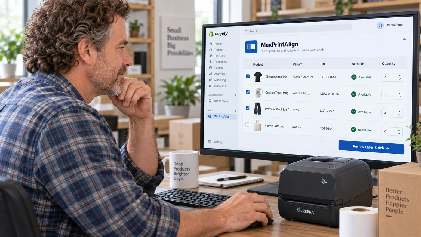 Illustrative MaxPrintAlign Shopify product variant selection