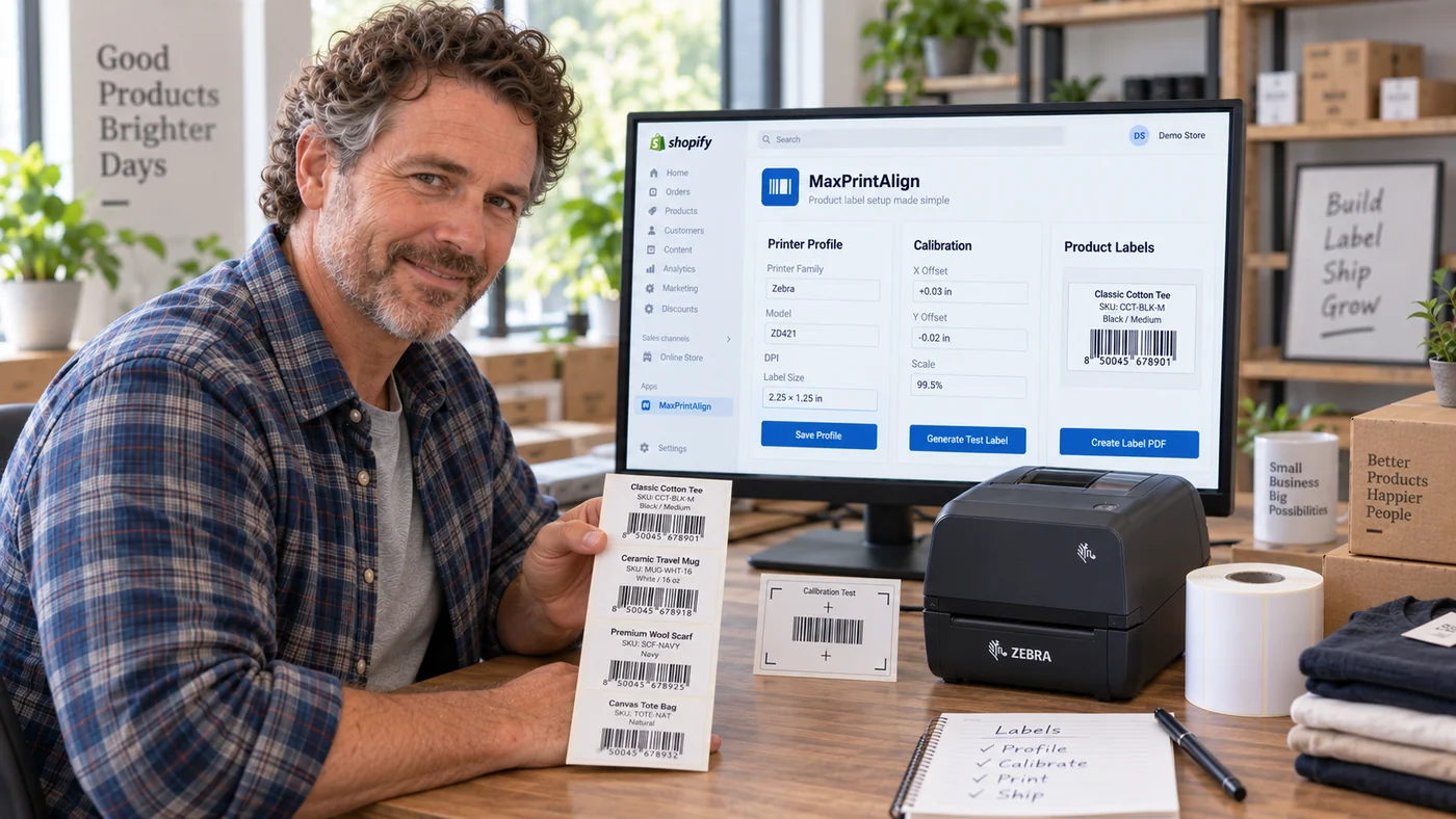 Merchant beside a thermal printer with an illustrative MaxPrintAlign workflow showing printer profile calibration and product labels